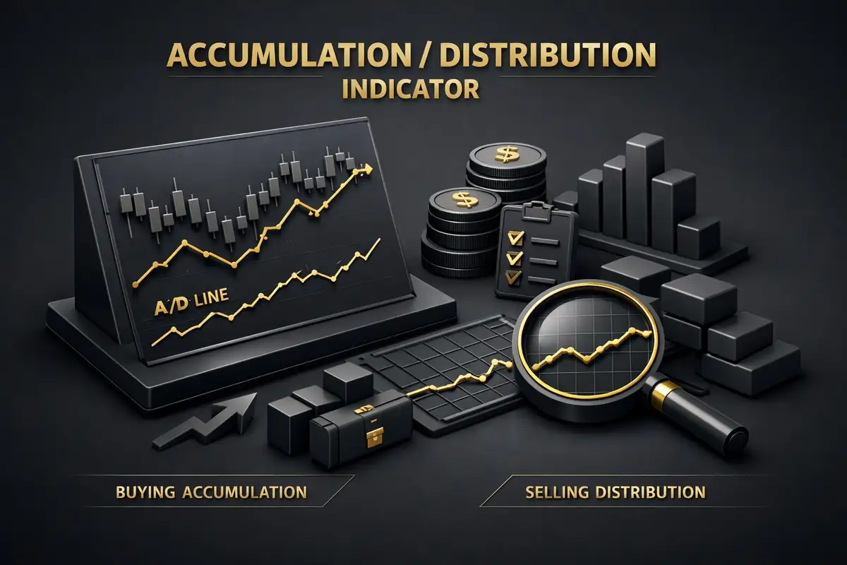 Accumulation distribution indicator A/D line chart, candlesticks, coins and buying versus selling labels