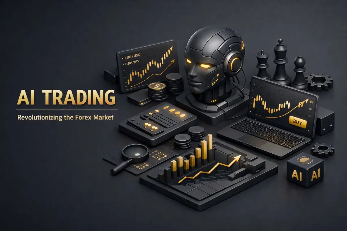 AI trading forex scene with robot head, laptops, candlestick charts, chess pieces and EUR/USD screen