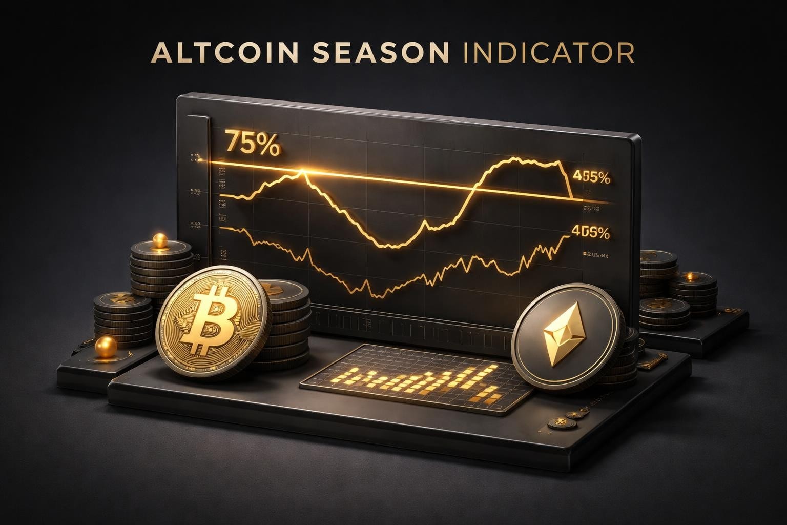 Altcoin season indicator chart on screen with Bitcoin and Ethereum coins showing 75% versus 45% levels