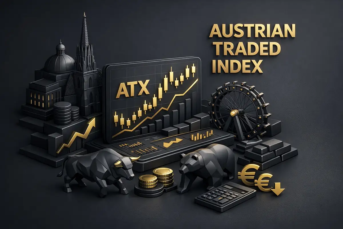 ATX candlestick screen with Vienna landmarks, bull and bear for the Austrian Traded Index