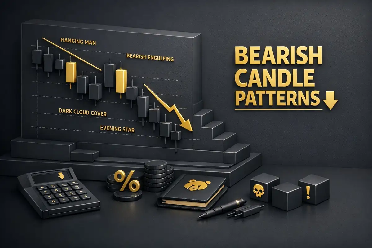 3D chart labeling bearish candle patterns like hanging man and evening star with downward arrow