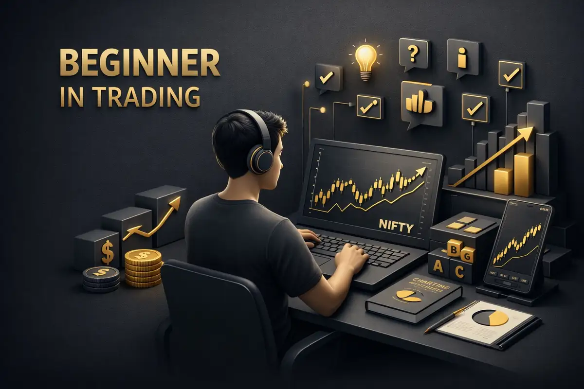 Beginner in trading at a laptop showing Nifty candlestick chart, coins and checklist icons