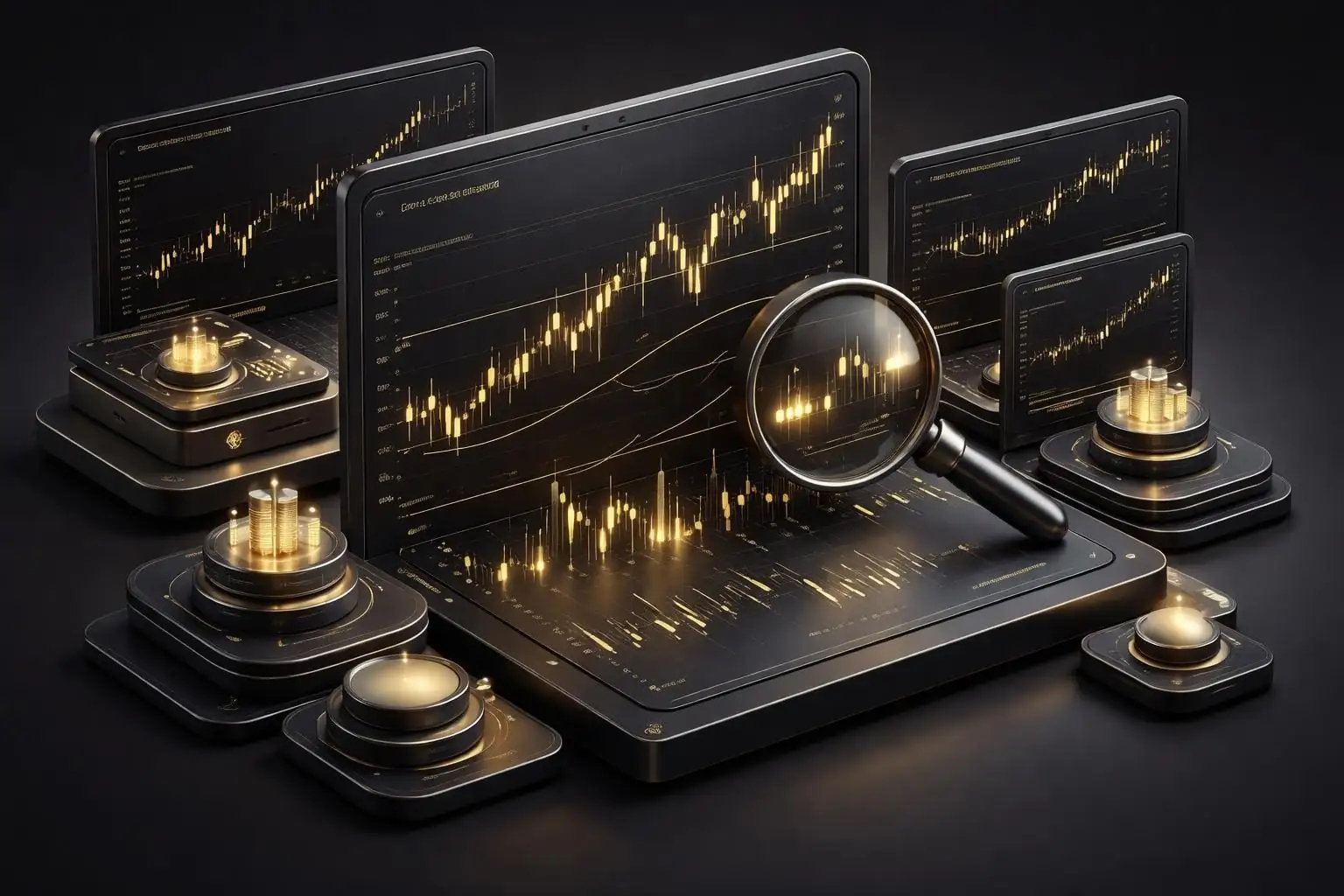 Multiple dark screens of candlestick charts examined by magnifier for best option trading indicator