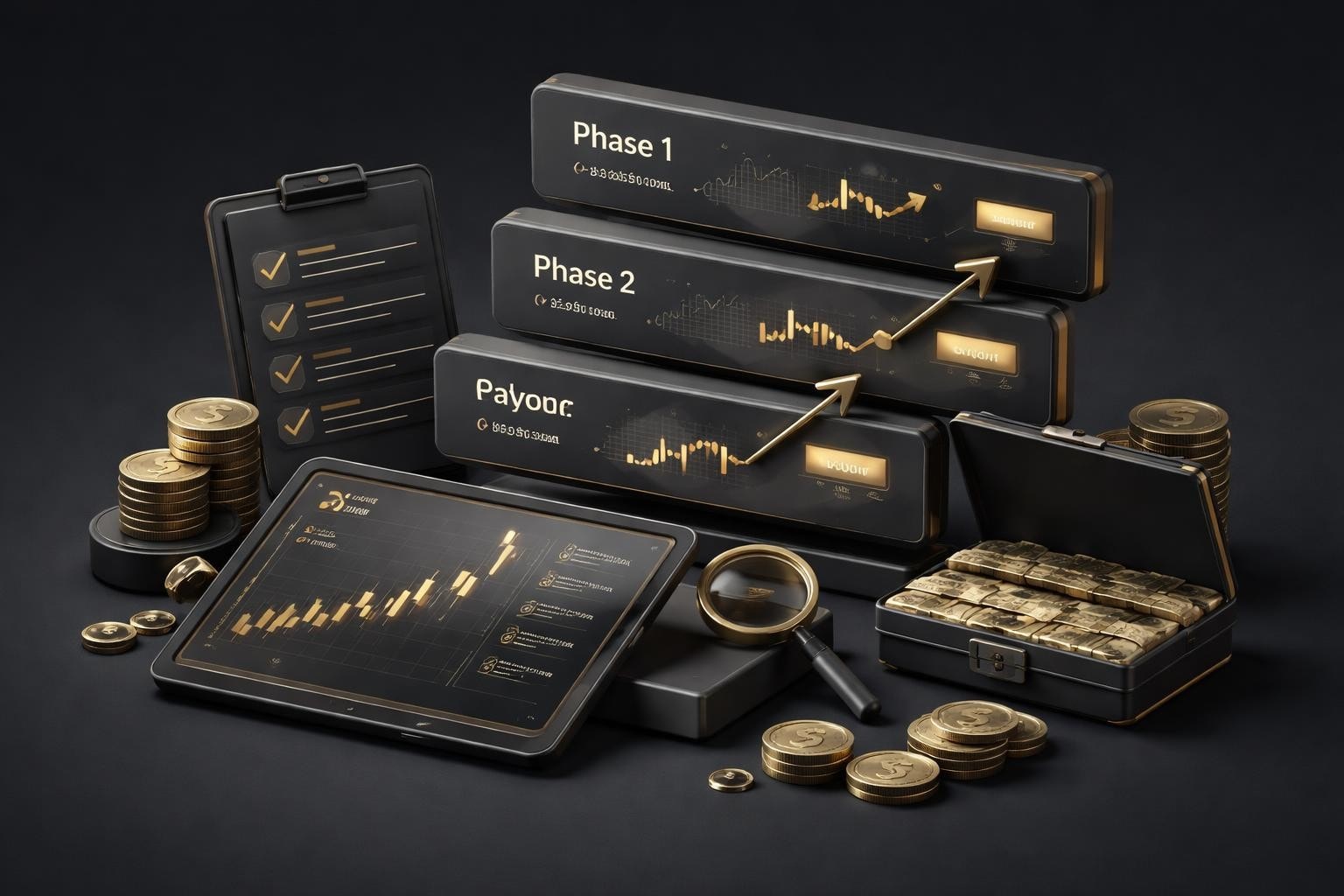 Stacked phase 1, phase 2 and payout panels with gold coins, tablet chart and cash box for propfirms