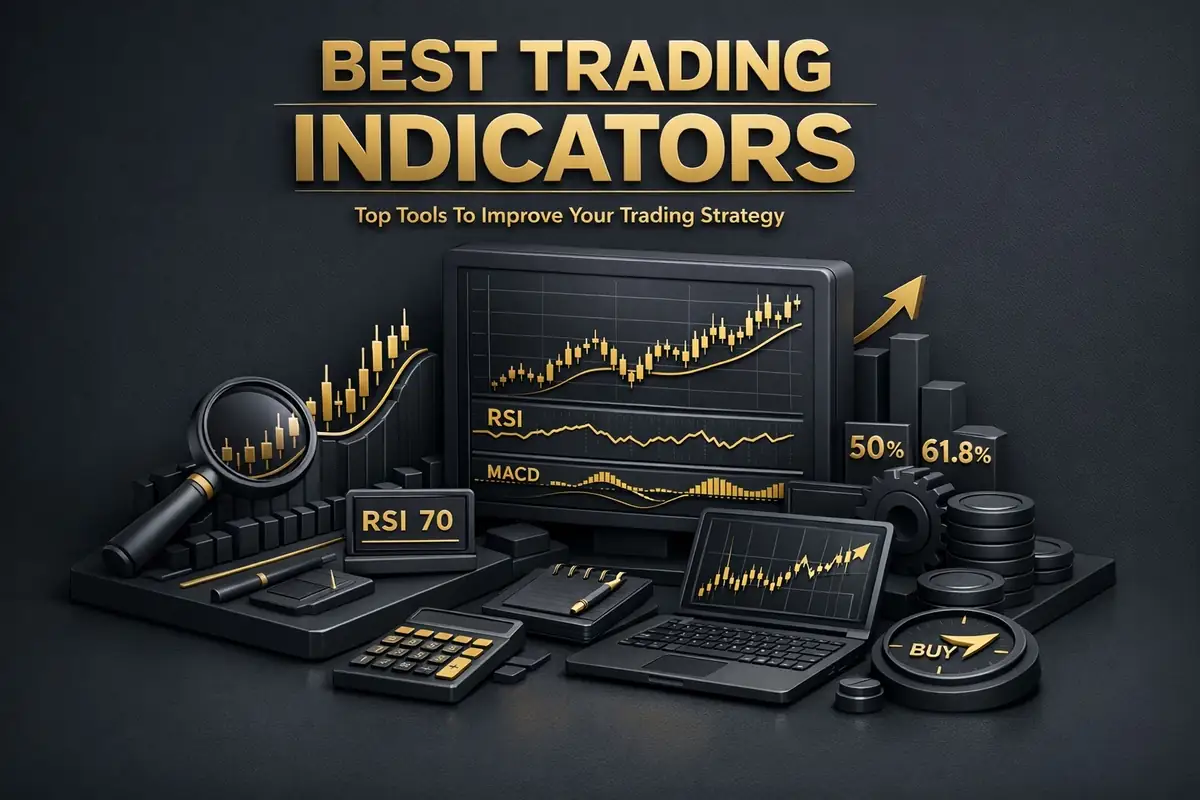 Dark 3D desk with monitor showing RSI and MACD trading indicators, charts and BUY dial