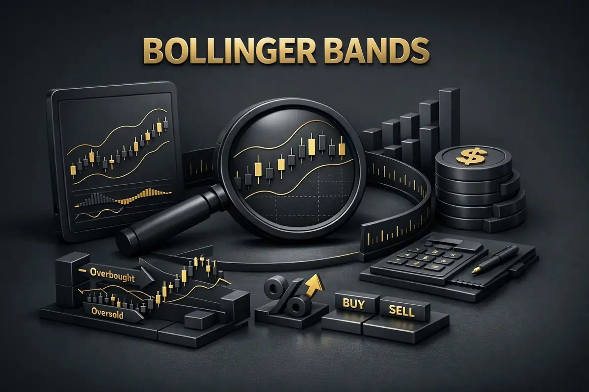 Magnifying glass over Bollinger Bands candlestick chart with overbought, oversold and BUY SELL tags