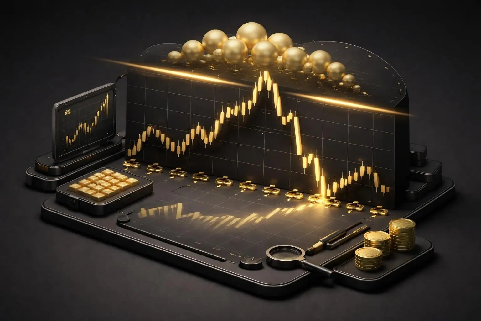 Gold candlestick chart with clustered spheres marking buy side liquidity zones and coins
