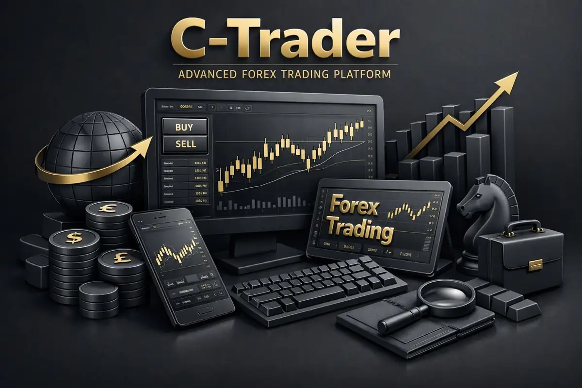 C-Trader forex platform shown on monitor, phone and tablet with candlestick charts, coins and keyboard