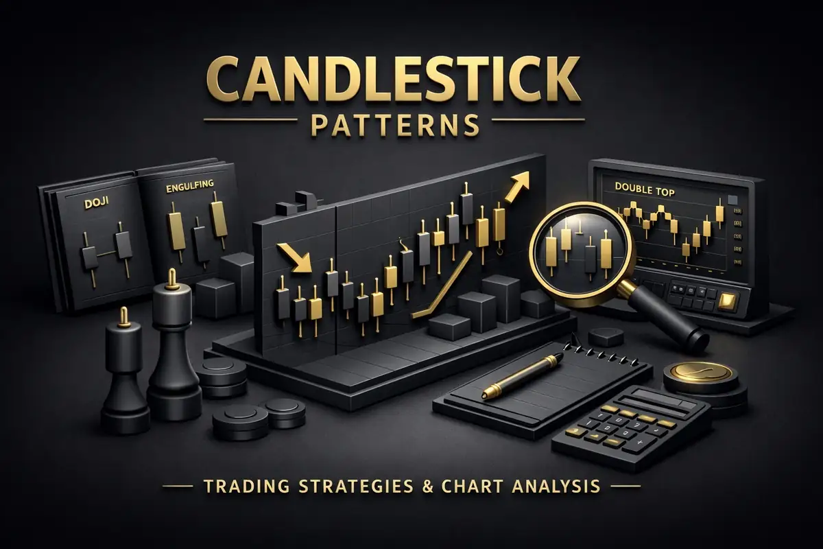3D candle patterns display with doji, engulfing and double top charts, magnifier and calculator