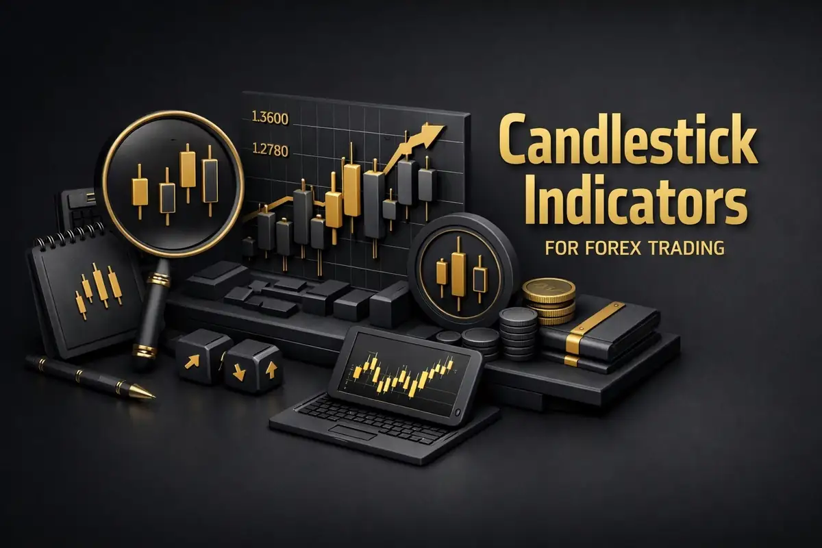 Candlestick indicators on screen with gold candles, magnifier, laptop chart and stacked coins