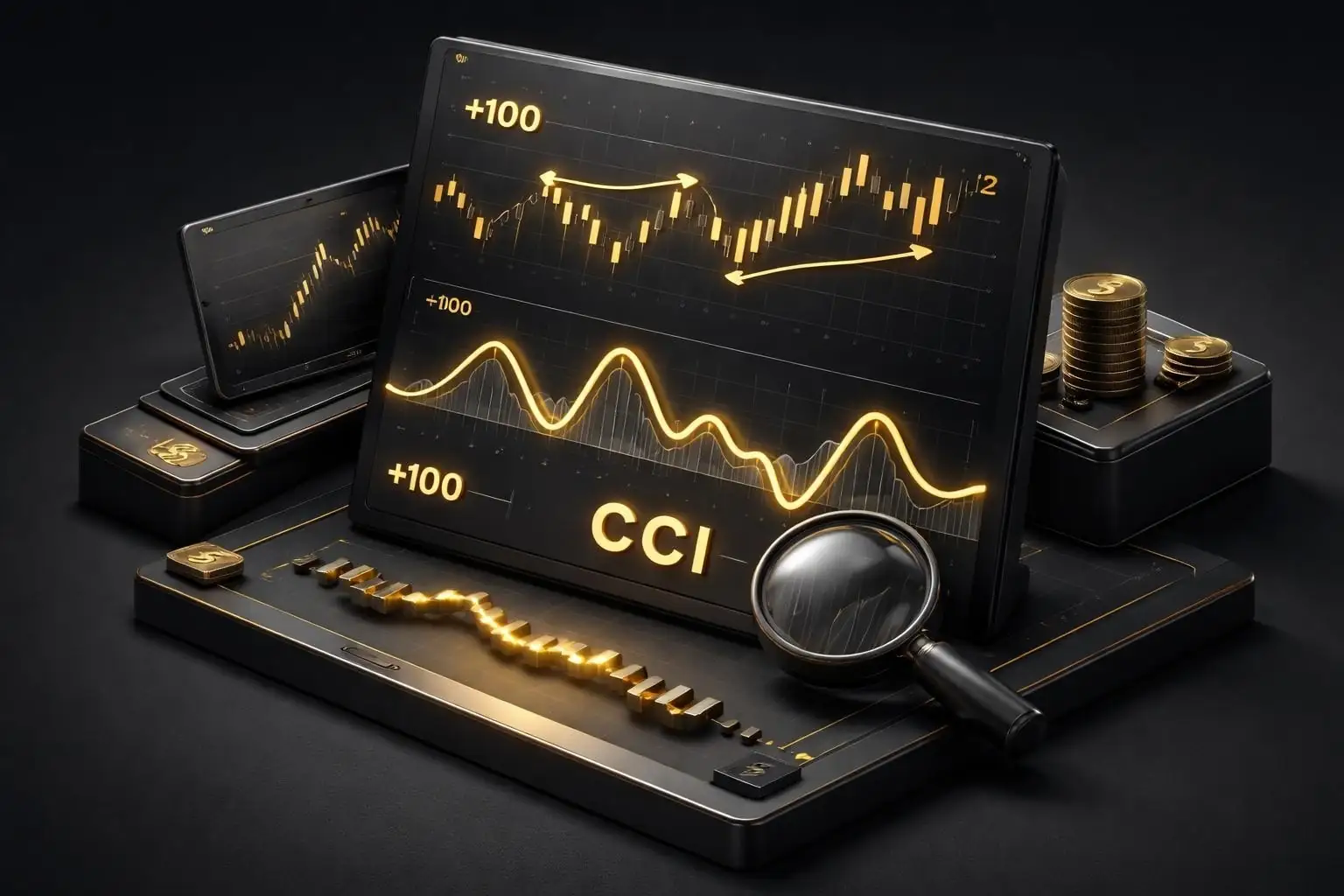 CCI indicators chart on tablets and smartwatch with candlesticks, gold arrows, coins and dollar signs