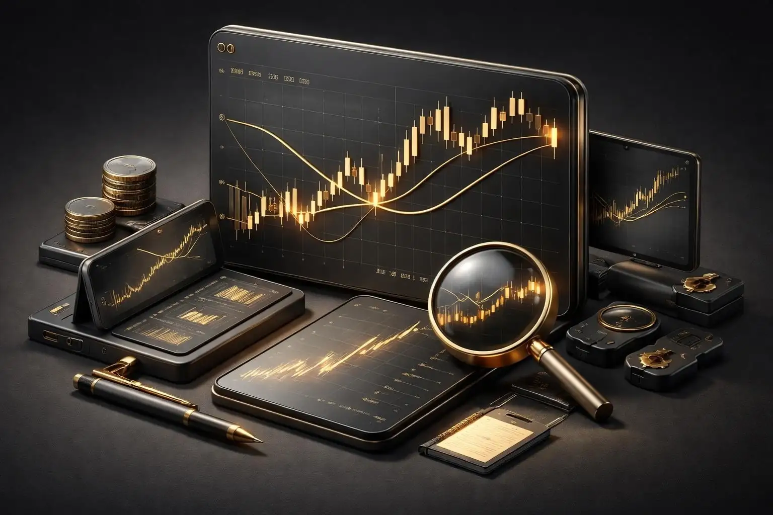 Tablet chart with gold candlesticks and two crossing moving average lines, coins and magnifier nearby