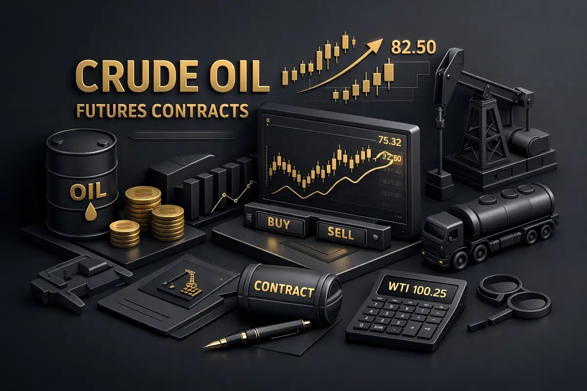 Crude oil futures contract scene with oil barrel, pumpjack, tanker, screen showing WTI price chart