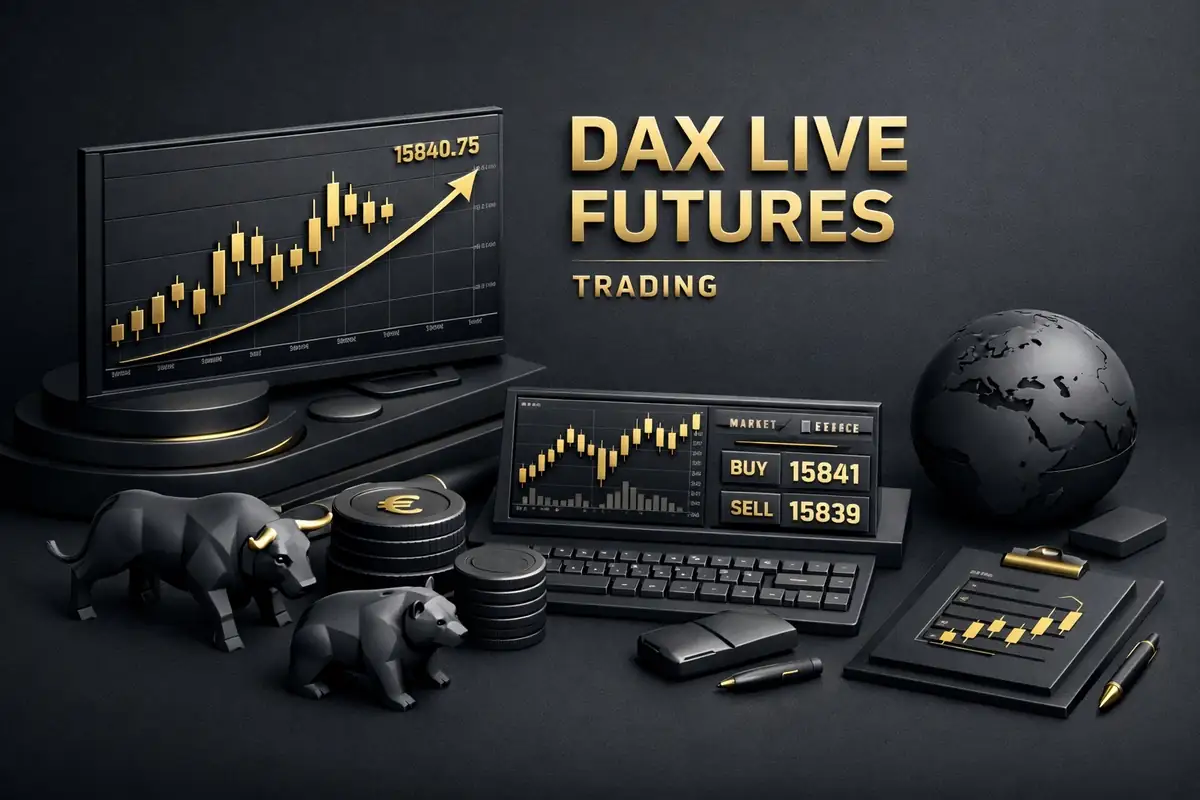 DAX live futures trading desk with rising candlestick screen, buy-sell ticker, bull and bear figures