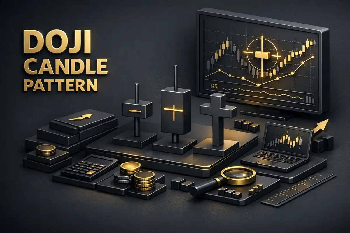 3D cross-shaped doji candle models beside a screen showing candlestick chart and RSI