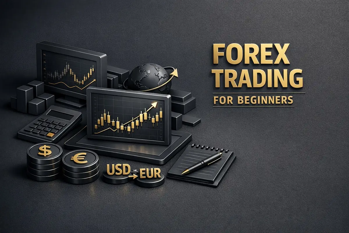 Laptop and tablet with candlestick charts, coins and USD to EUR icons for forex trading for beginners