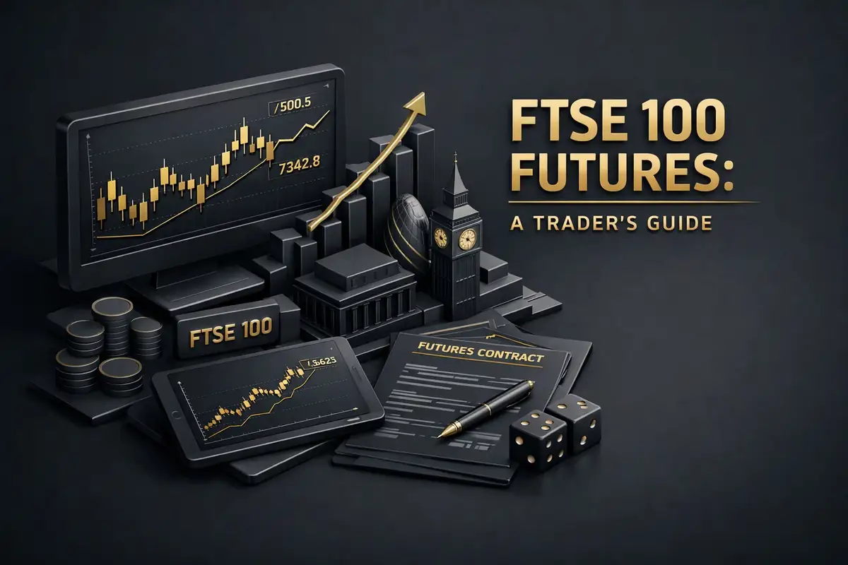 Black and gold FTSE 100 futures chart on a monitor beside Big Ben and a futures contract
