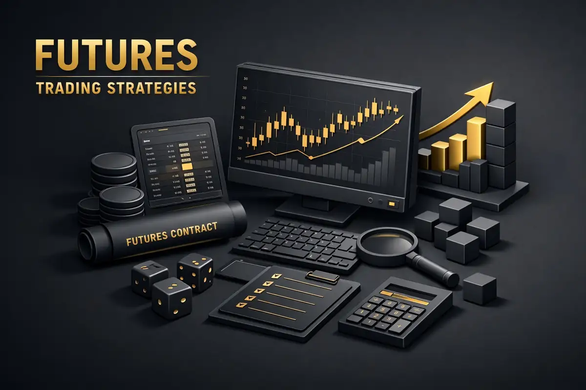 Monitor charting candlesticks with futures contract, dice and calculator illustrating futures trading strategies