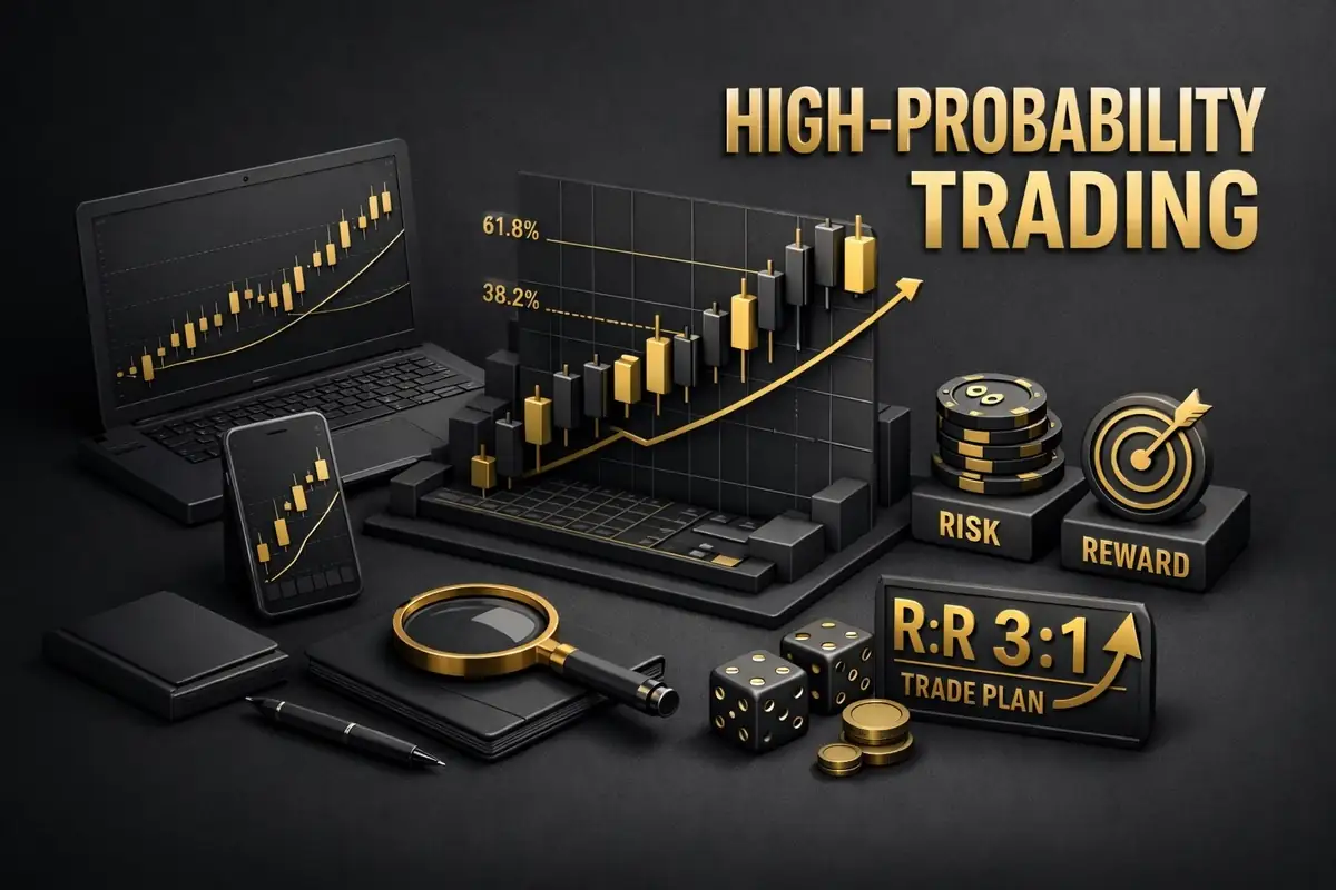 High-probability trading scene with rising candlestick chart, Fibonacci levels, risk-reward dice and chips