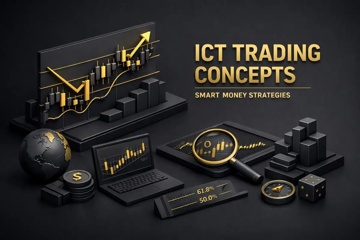 ICT trading concepts display with gold candlestick charts, laptop, globe, magnifier and Fibonacci gauge