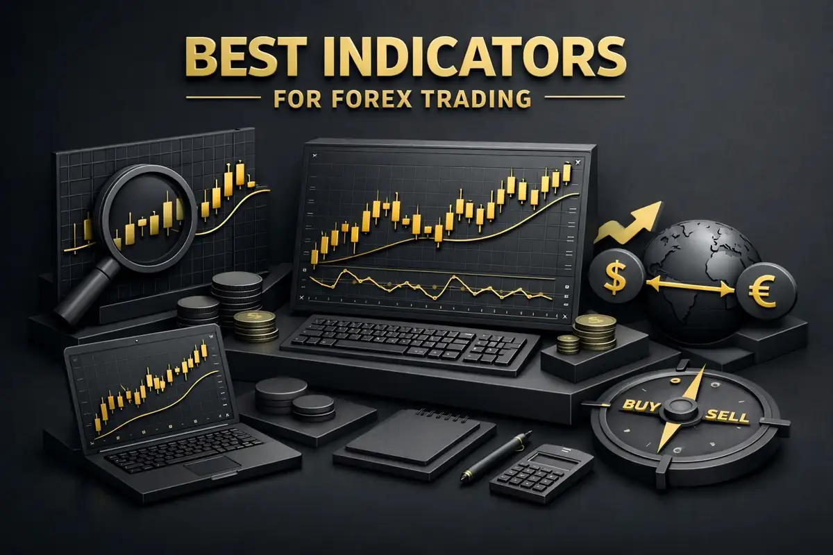 Best indicators for forex trading on candlestick monitors, laptop and gold buy-sell compass