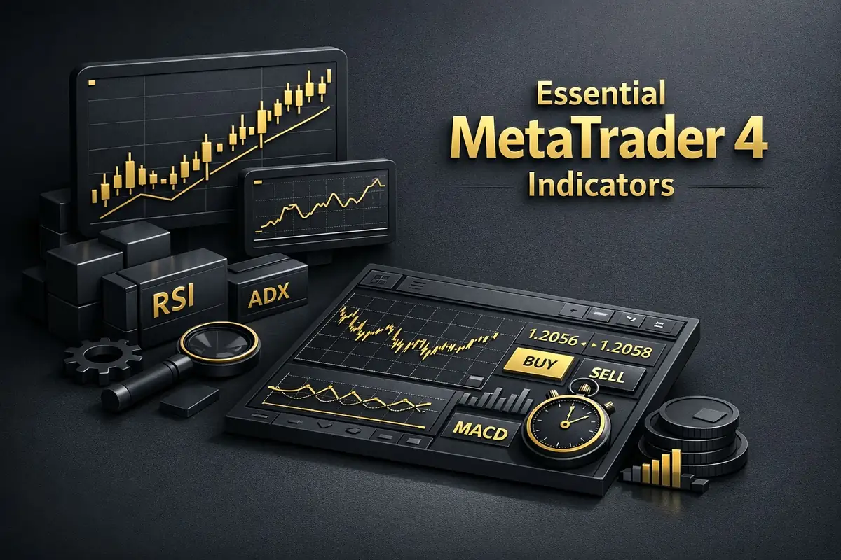 MetaTrader 4 platform screen with RSI, ADX and MACD indicators, buy and sell buttons
