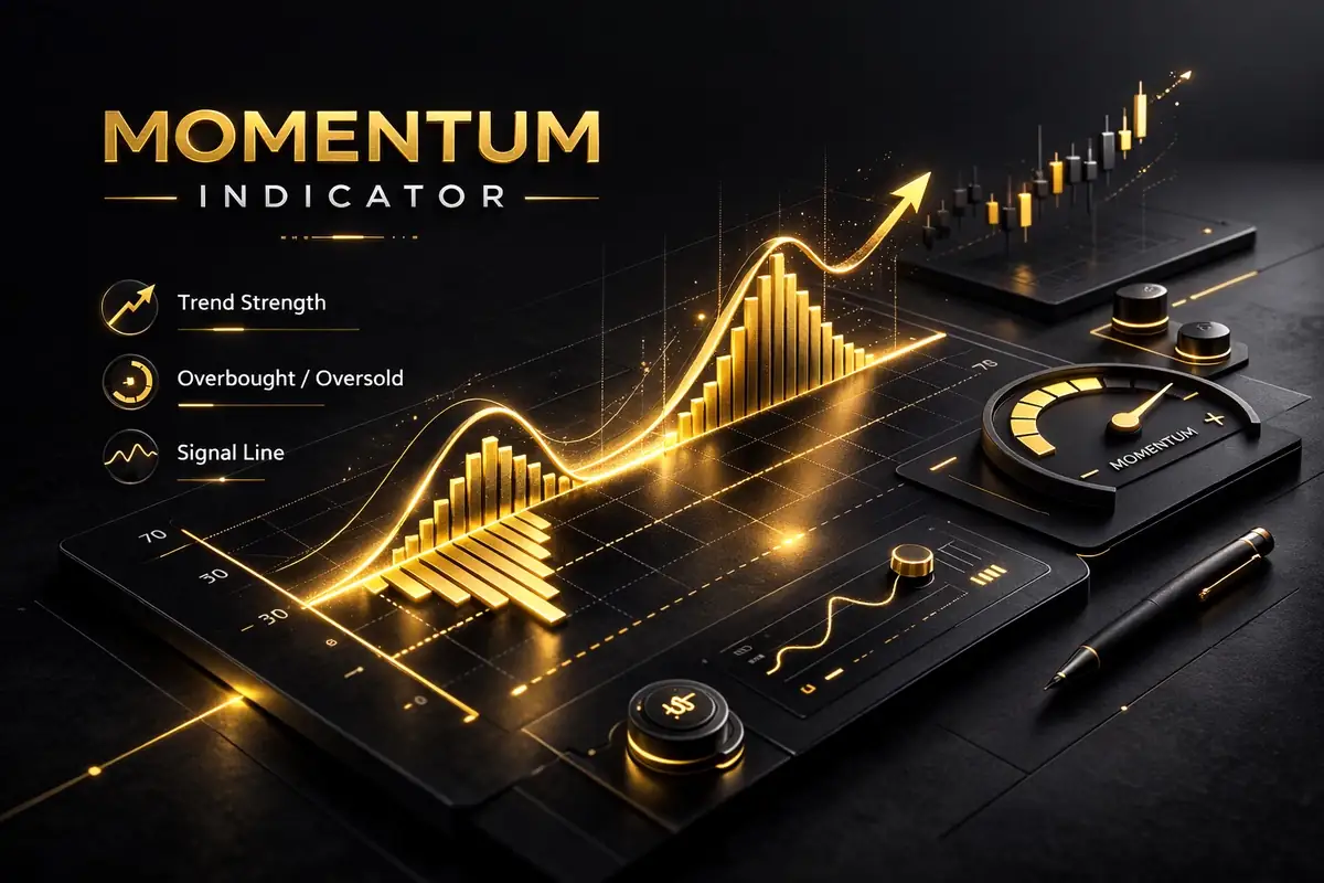 Glowing gold momentum indicator histogram and gauge showing trend strength and signal line