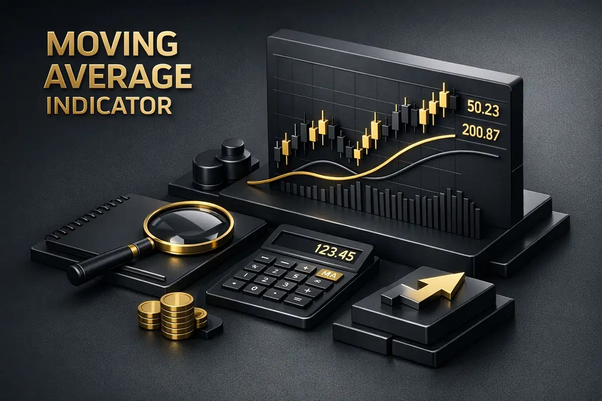 Chart screen with 50 and 200 moving average indicator lines, calculator and gold coins
