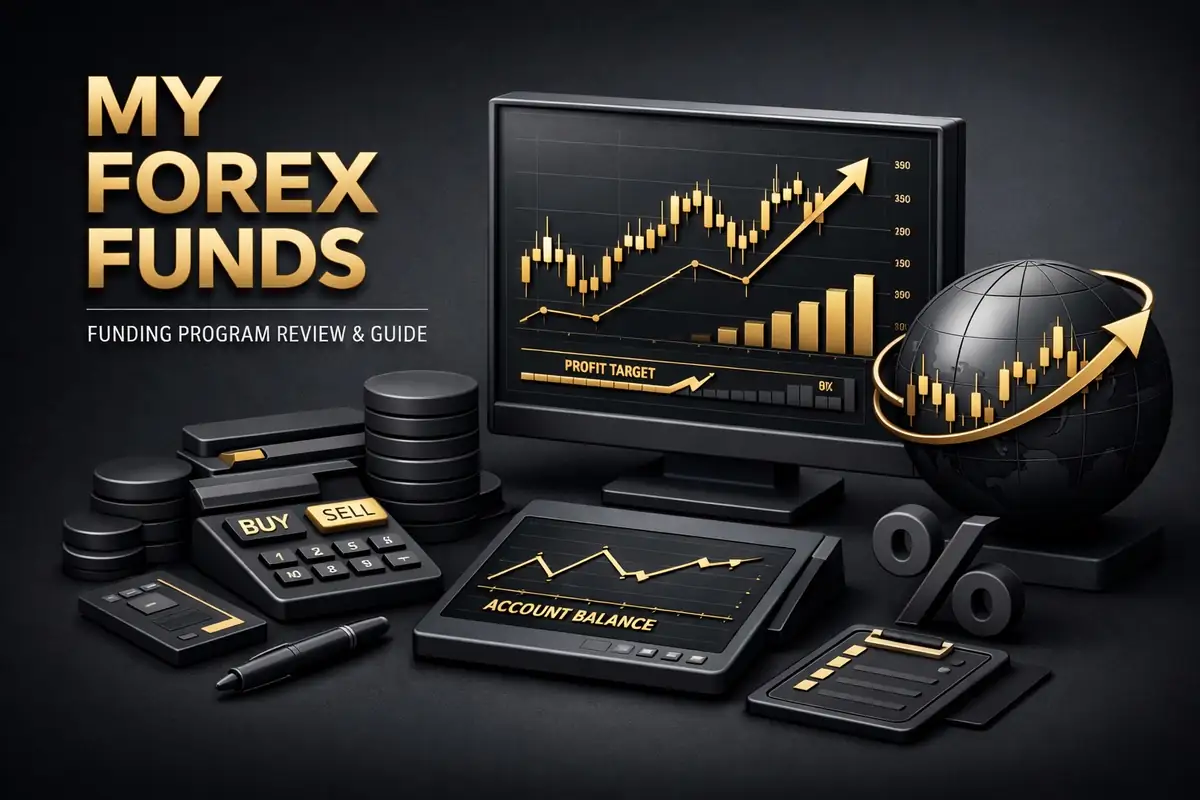 My Forex Funds setup with monitor profit-target chart, account balance tablet, globe and gold coins