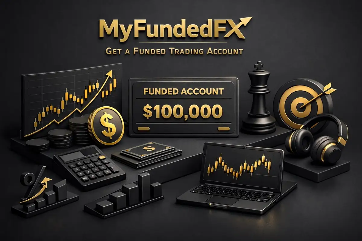 MyFundedFX desk showing funded account $100,000 card, candlestick charts, target and gold coins