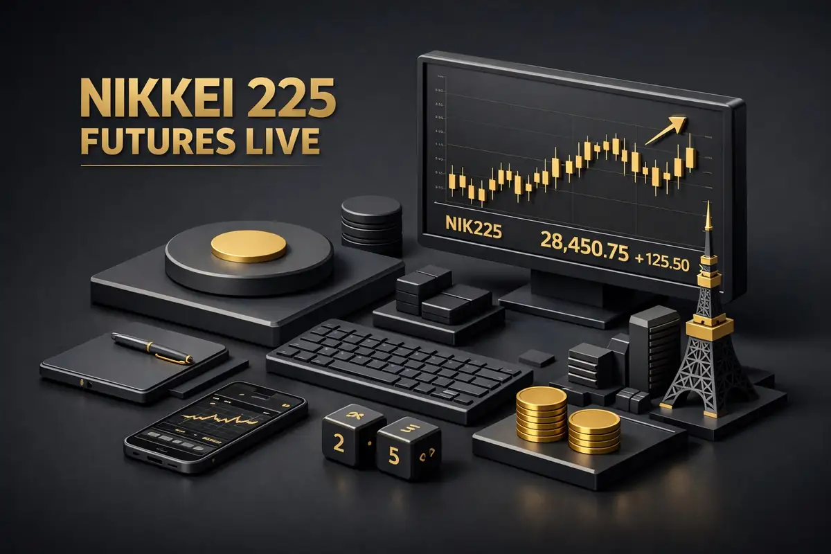 Monitor showing live Nikkei 225 futures chart at 28,450.75 with keyboard, coins and Tokyo tower model