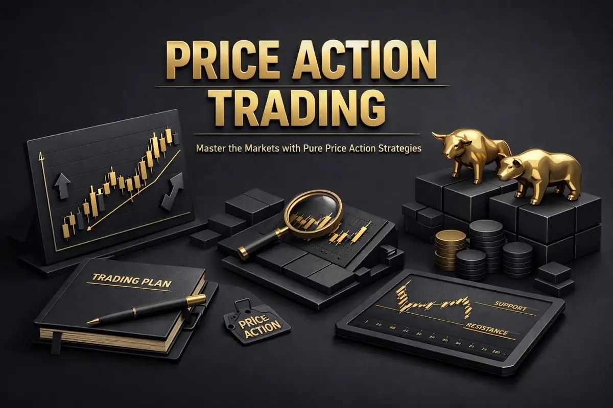Gold bull and bear figures beside candlestick charts and trading plan for price action trading