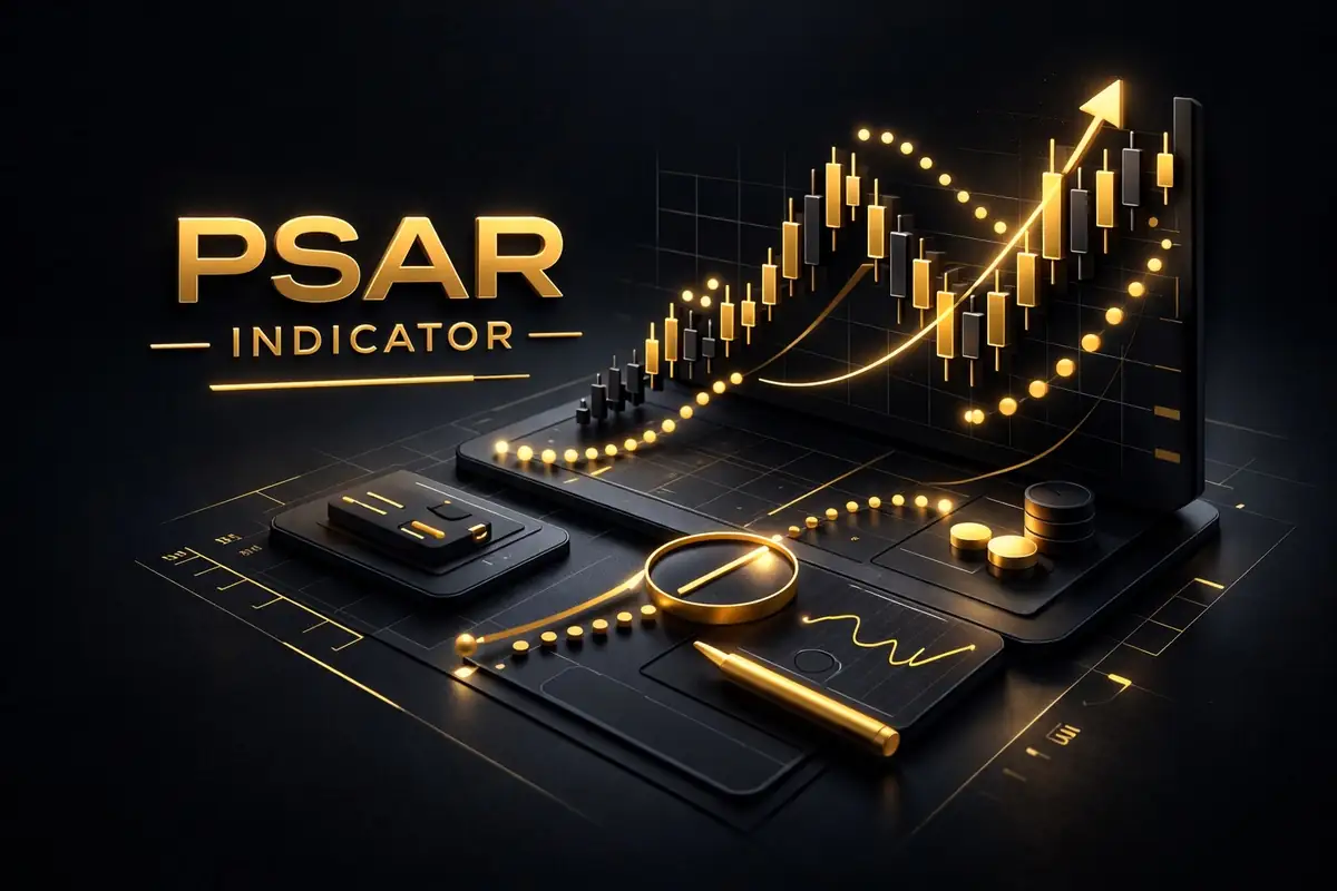 3D candlestick chart with gold PSAR indicator dots curving below and above price trend