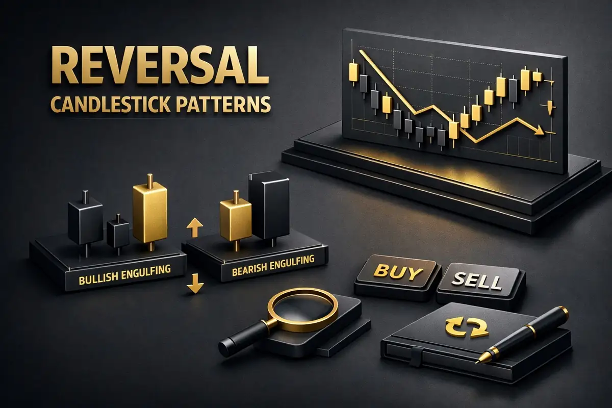 Bullish and bearish engulfing candles with declining chart showing reversal candlestick patterns