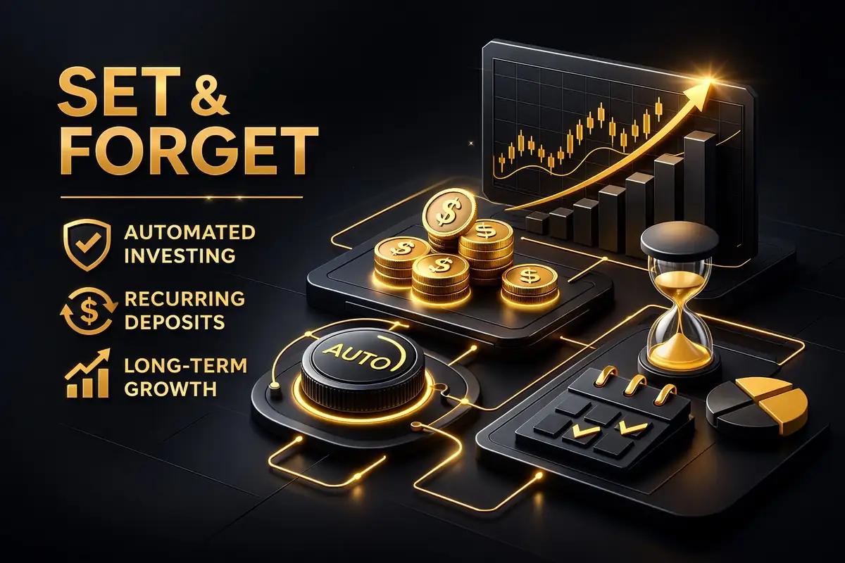 Set and forget automated investing display with auto dial, gold coins, rising chart and hourglass