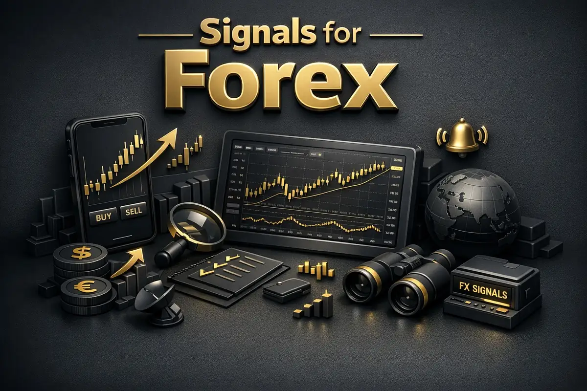 Forex signals desk with currency chart screens, buy-sell phone, bell alert, globe and binoculars
