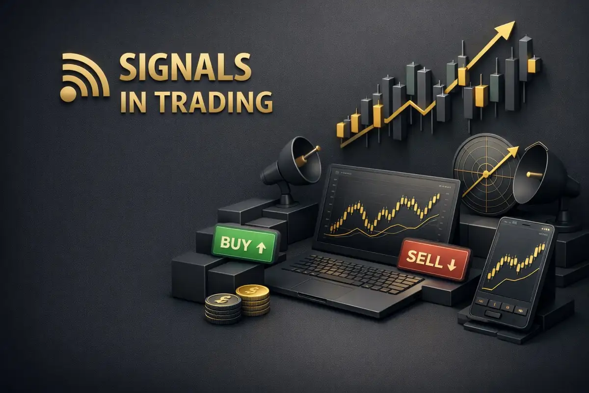 Trading signals laptop with rising candlesticks, green buy and red sell tiles, radar and speakers