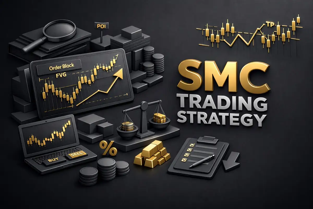 Dark 3D desk with candlestick charts, order block tablet and gold bars showing SMC trading strategy