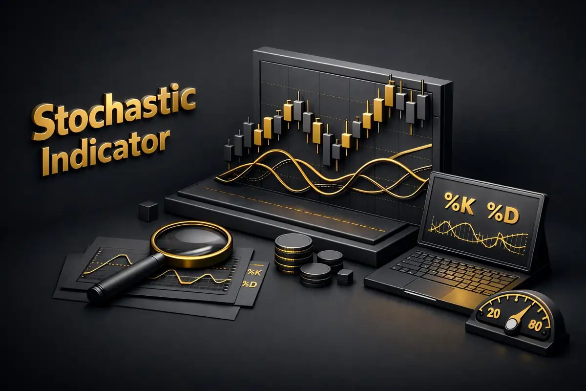 Stochastic indicator monitor showing %K %D oscillator lines, candlesticks, 20 80 gauge and magnifier