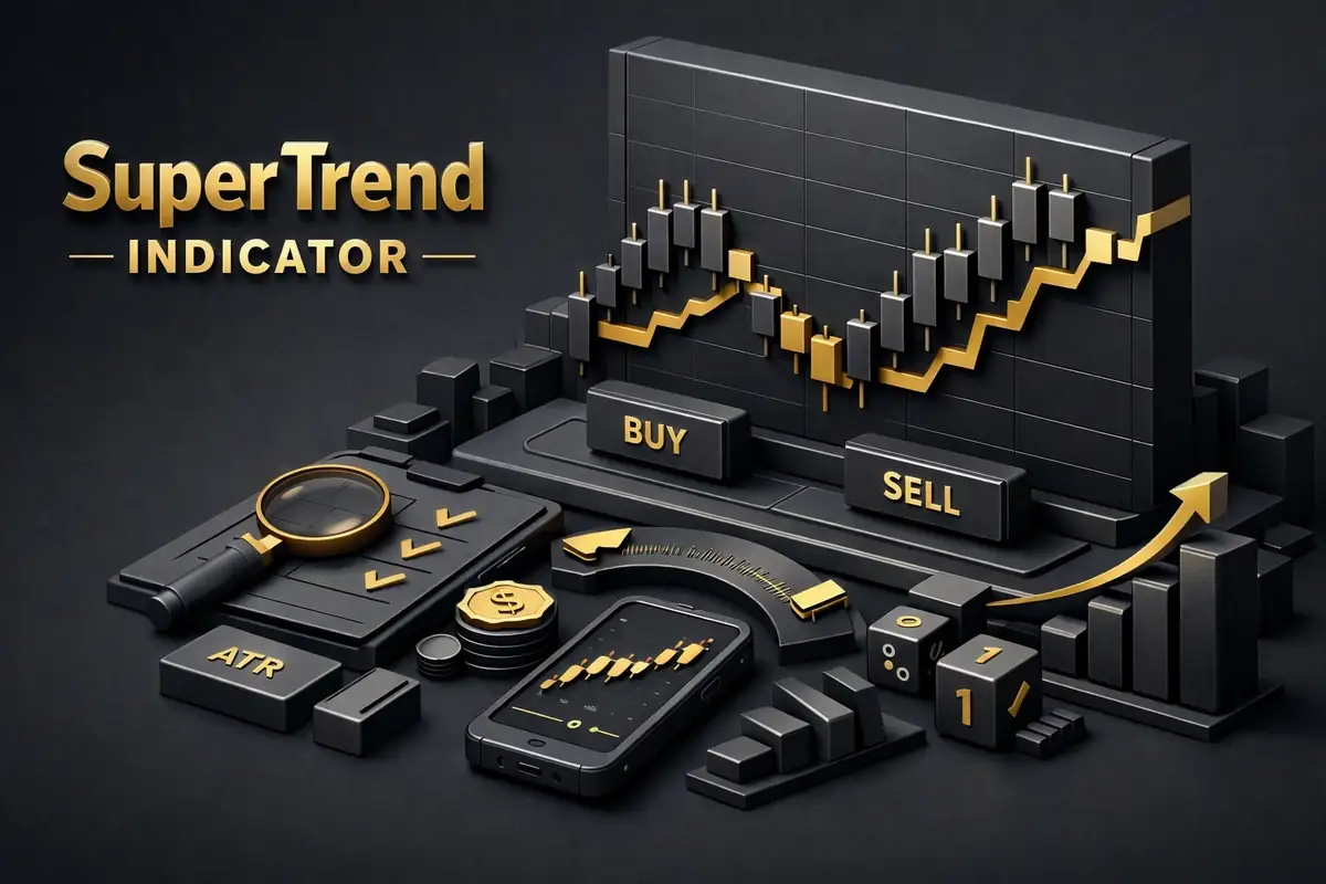 3D black and gold trading display with Supertrend indicator candlesticks, Buy Sell buttons and ATR tile