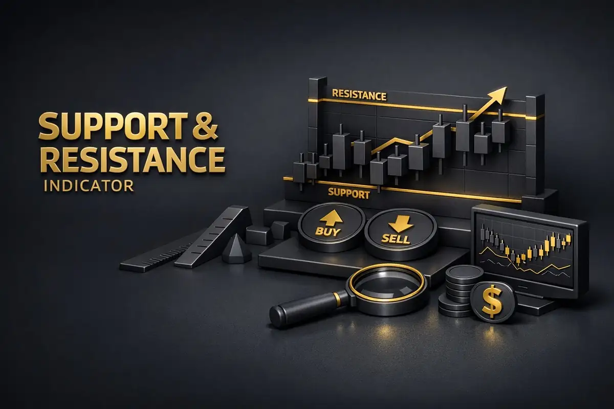 3D chart with gold support and resistance indicator lines, Buy Sell buttons and magnifier