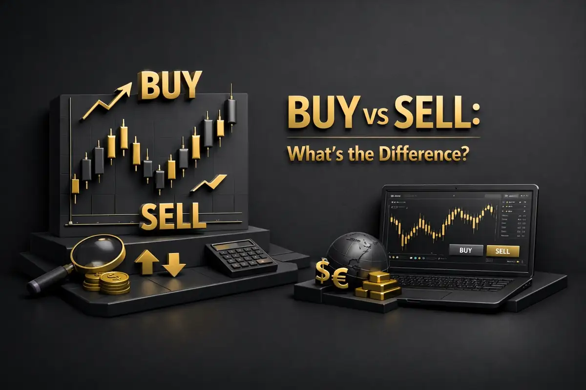 Buy and Sell labels over candlestick chart and laptop comparing trading buy sell decisions