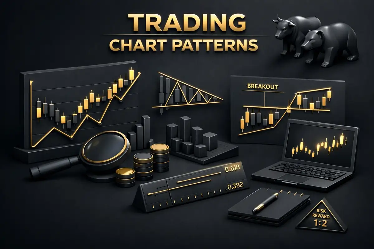 Gold candlestick boards showing breakout and triangle trading chart patterns with bull and bear