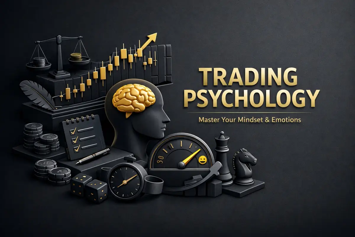 Trading psychology scene with gold brain in head profile, candlestick chart and chess pieces