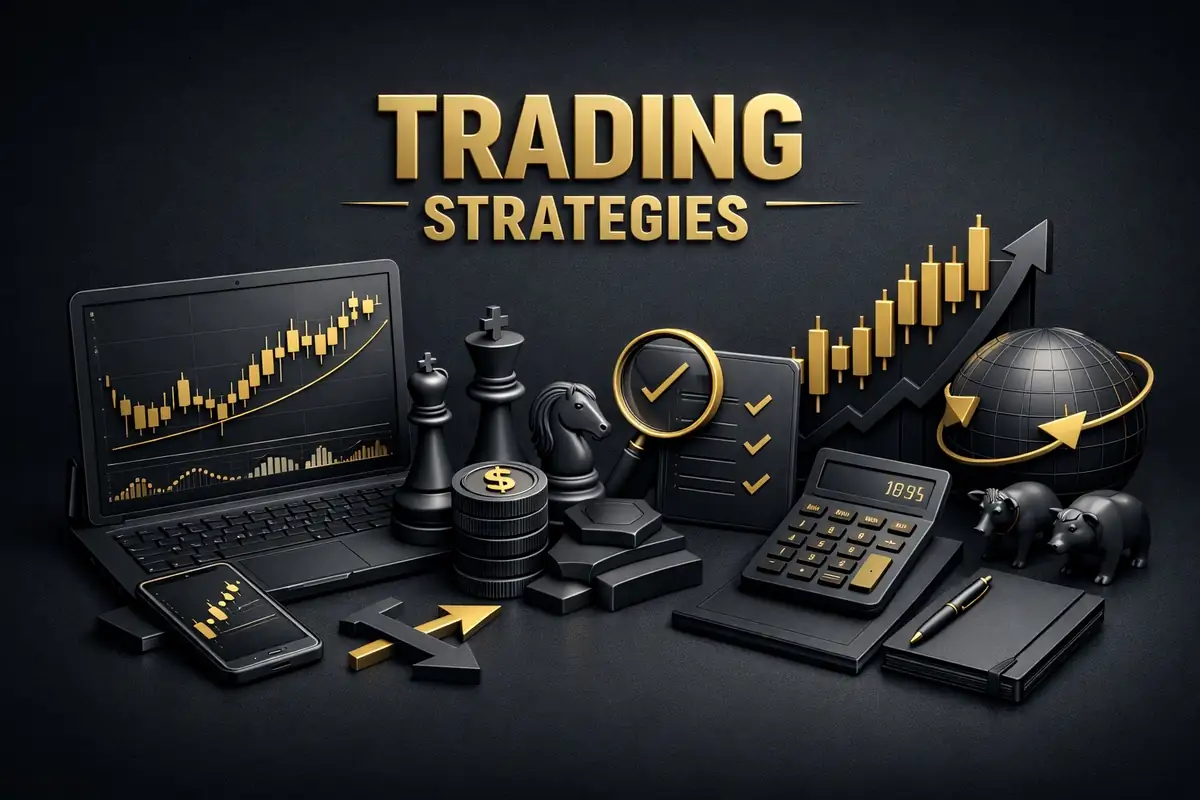 Trading strategy desk with laptop chart, chess pieces, calculator and gold bull and bear