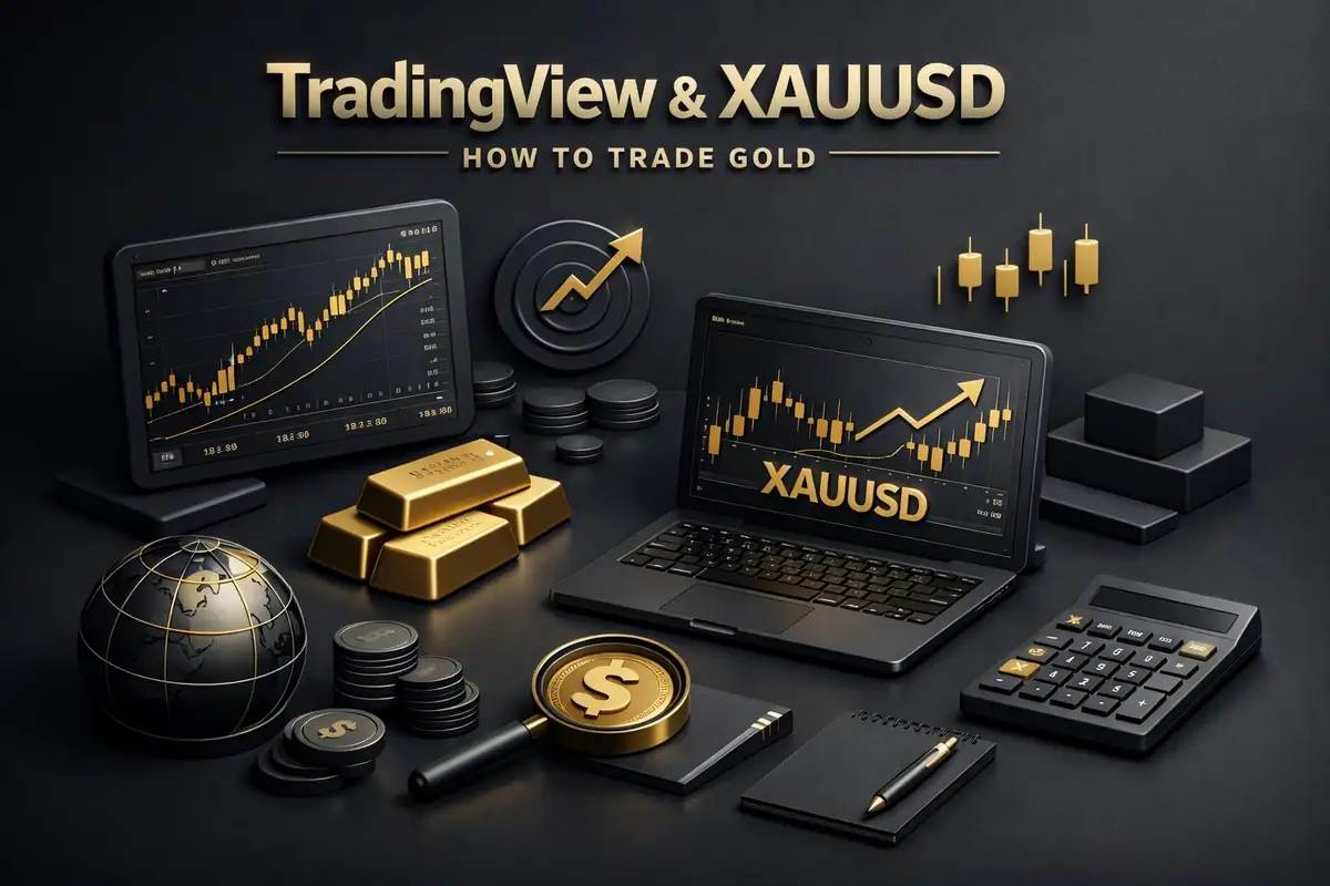 Laptop and tablet showing XAUUSD gold candlestick charts beside gold bars, coins and calculator