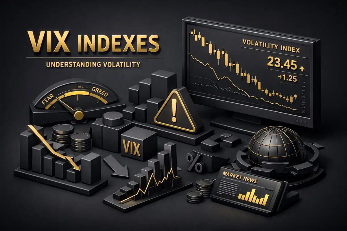 Fear and greed gauge beside VIX volatility index monitor showing 23.45 with falling bar charts