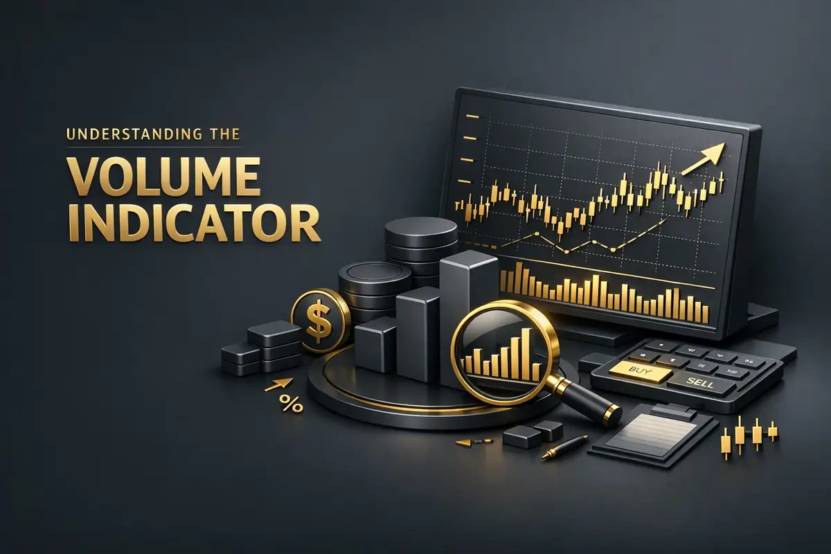 Monitor displaying gold volume indicator bars under a candlestick chart with magnifier and buy-sell keys