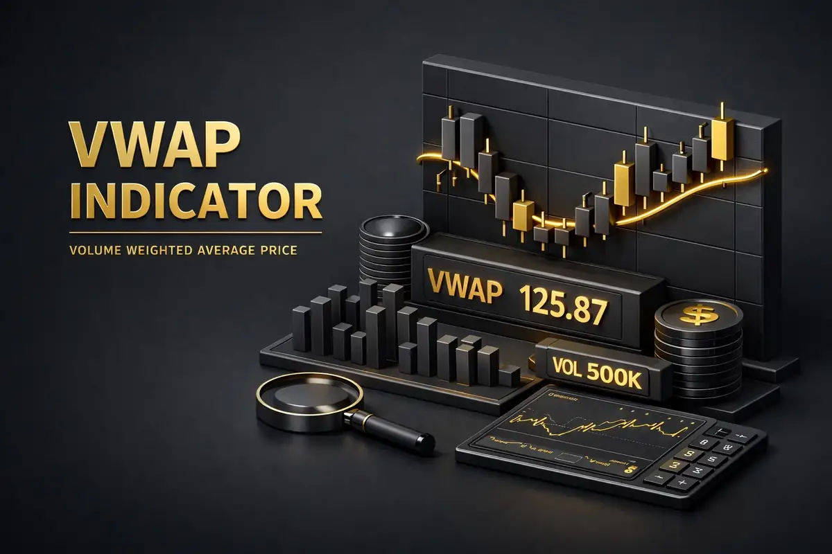 VWAP indicator display reading 125.87 with gold candlesticks, volume bars and VOL 500K panel
